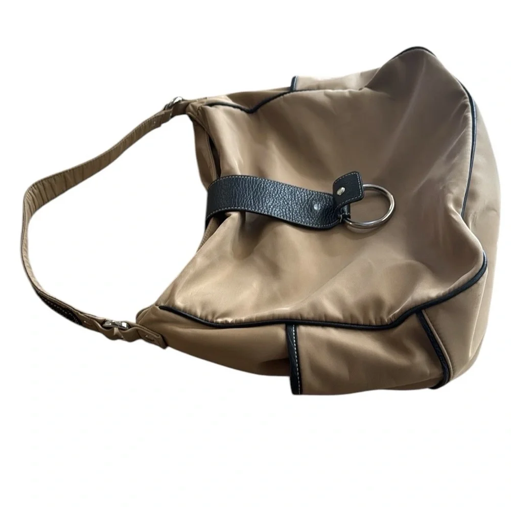 Talbots Tan And Black Trim Nylon And Leather Soft Hobo Bag